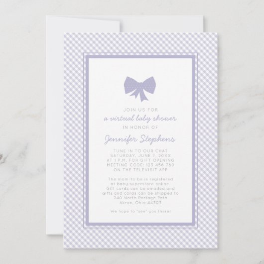 Gingham lila Bug Virtual Babydusche Einladung (Vorderseite)