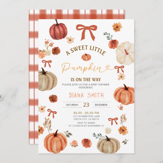 Gingham Little Pumpkin Rustic Baby Showeinladung Einladung (Vorne/Hinten)