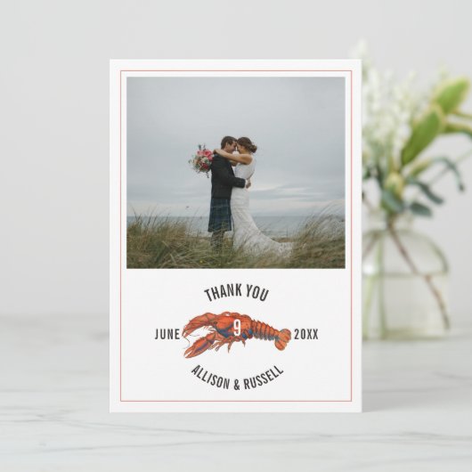 Gingham Lobster Rustic Coastal Wedding Dankeskarte (Stehend Vorderseite)