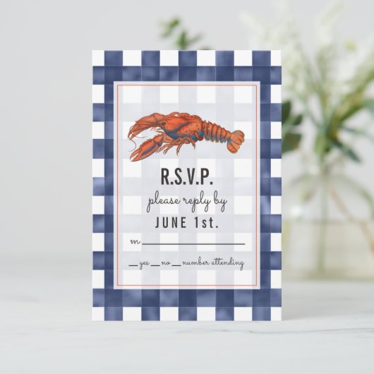 Gingham Lobster Rustic Wedding RSVP (Stehend Vorderseite)