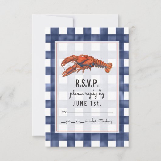 Gingham Lobster Rustic Wedding RSVP Karte (Vorderseite)