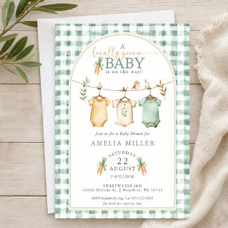 Gingham Local Grown Baby Kleiderleine Babyparty Einladung