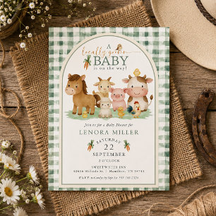 Gingham Locally Grown Baby Farm Tier Baby Shower Einladung