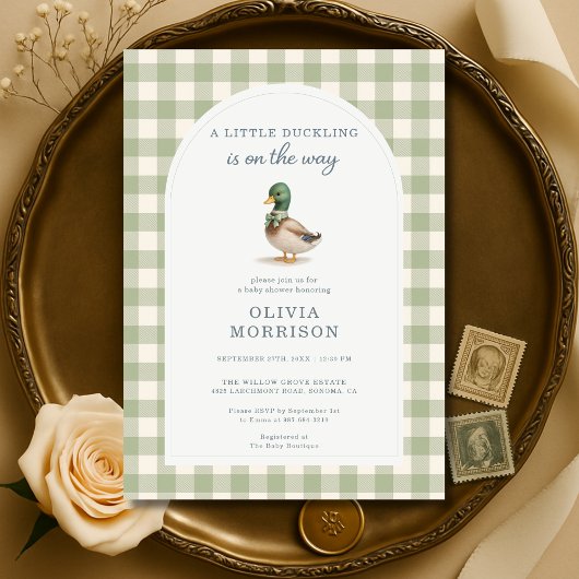 Gingham Mallard Duck Bow Sage Green Baby Shower Einladung