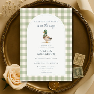 Gingham-Mallard-Enten-Schleife Salbei-Grün Baby Sh Einladung