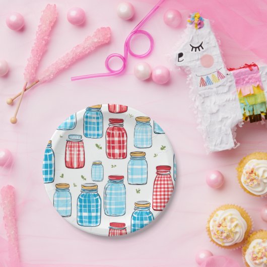 Gingham Mason Jar Pattern – Country Kitchen Charm Pappteller (Party)