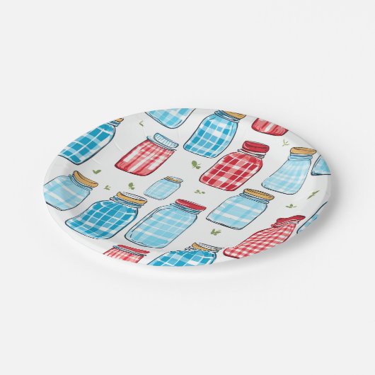Gingham Mason Jar Pattern – Country Kitchen Charm Pappteller (Schrägansicht)