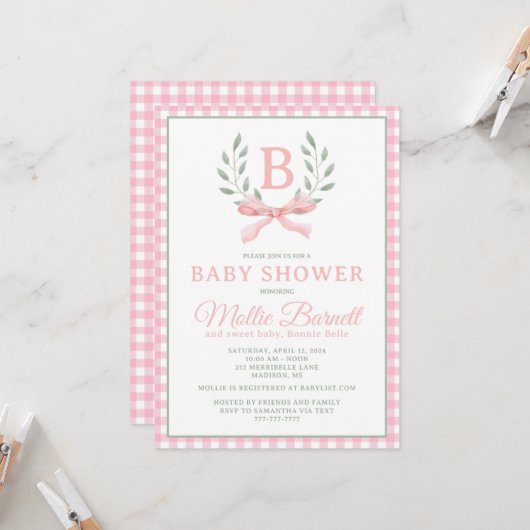 Gingham Monogram Baby Shower Einladung (Vorderseite/Rückseite Beispiel)