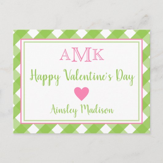 Gingham Monogram Personalisiert Valentine's Cards Postkarte (Vorderseite)