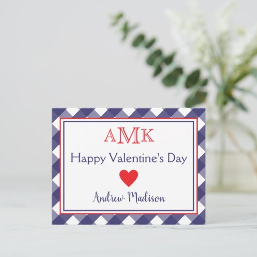 Gingham Monogram Valentine's Classroom Cards Postkarte (Stehend Vorderseite)