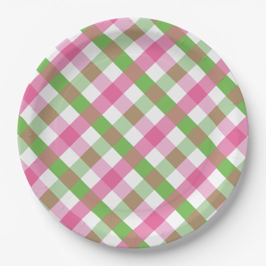 Gingham-Muster Grün und Rosa Pappteller (Vorderseite)