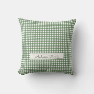 Gingham-Muster in Grün mit Familienname Kissen