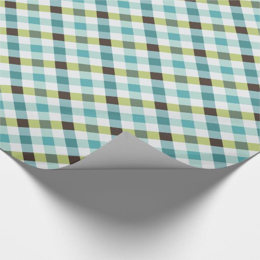 Gingham-Muster in Retro-Grün und Türkis Geschenkpapier (Ecke)