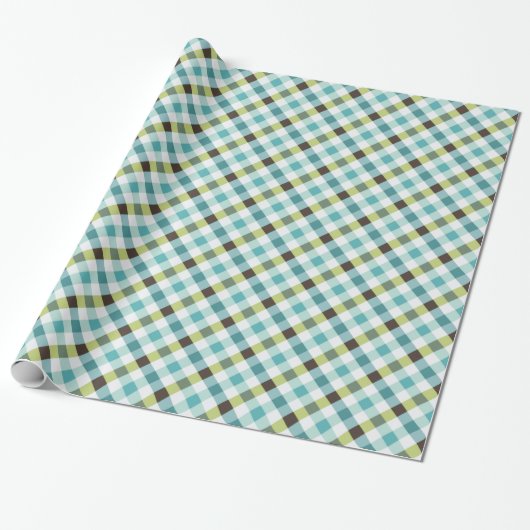 Gingham-Muster in Retro-Grün und Türkis Geschenkpapier (Ungerollt)