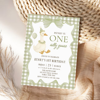 Gingham One Silly Goose 1st Birthday Invitation Einladung
