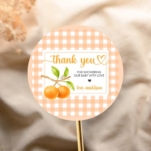 Gingham Orange Babyparty Runder Aufkleber