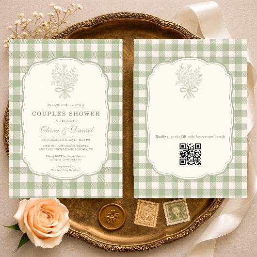 Gingham-Paar-Shower Florale Schleife QR-Code Einladung