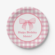 Gingham-Papierplatte mit rosa Schleife 
