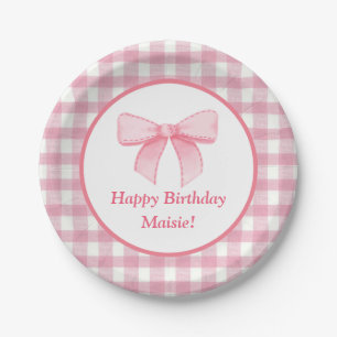 Gingham-Papierplatte mit rosa Schleife Pappteller