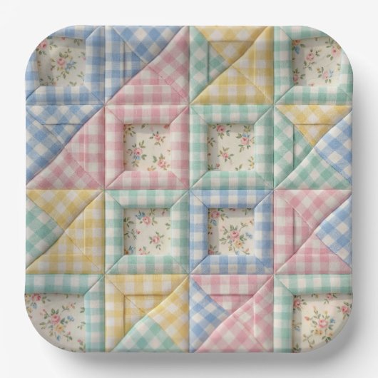 Gingham-Patchwork-Quilt-Muster Pappteller (Vorderseite)