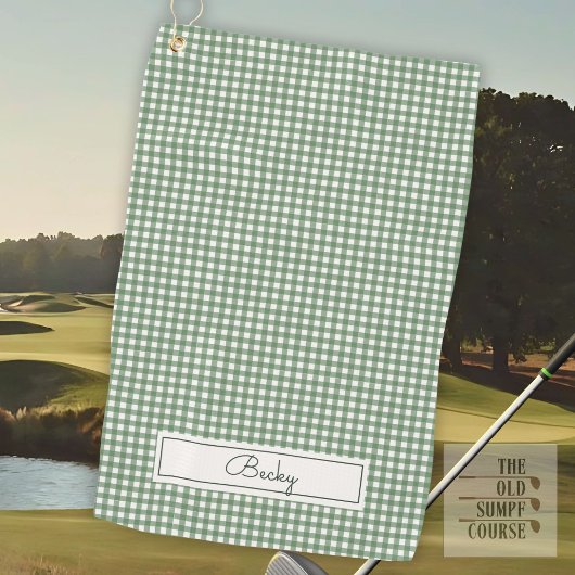 Gingham Pattern auf Grün mit Namen Golfhandtuch