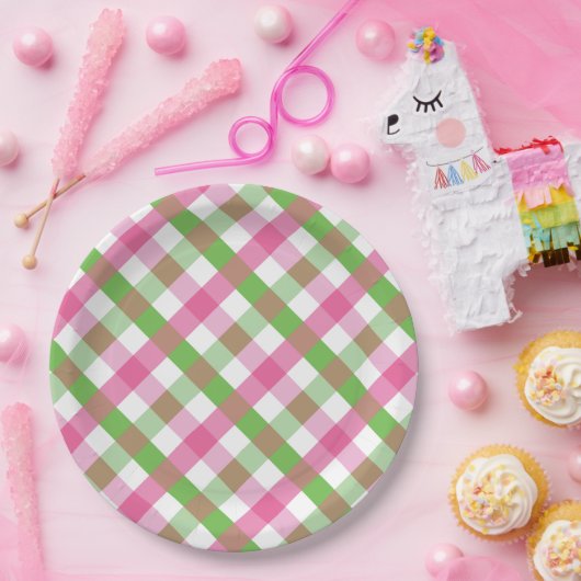 Gingham Pattern Green und Pink Pappteller (Party)