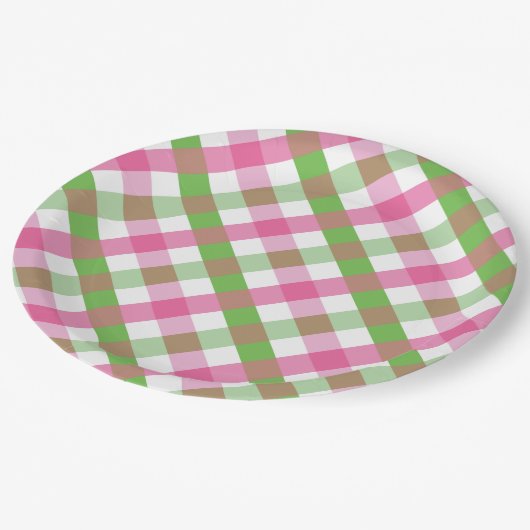 Gingham Pattern Green und Pink Pappteller (Schrägansicht)