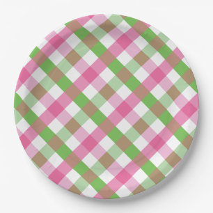 Gingham Pattern Green und Pink Pappteller