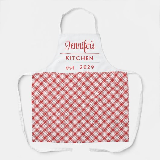 Gingham Pattern Modern Red White Name Schürze (Vorderseite)