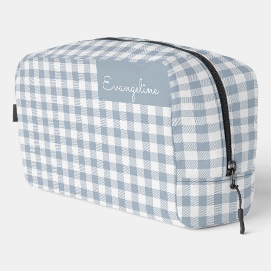 Gingham Pattern Plaid Preppy Check Blue White Name Waschbeutel (Rechte Ecke)