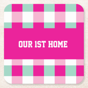 Gingham Pattern Unsere 1. Zuhause Rechteckiger Pappuntersetzer
