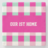 Gingham Pattern Unsere 1. Zuhause Steinuntersetzer (Vorderseite)