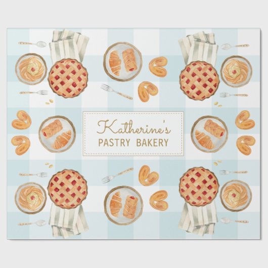 Gingham Pattern Watercolor Pastries Backbäckerei Geschenkpapier (Flach)