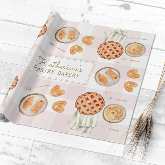 Gingham Pattern Watercolor Pastries Backbäckerei Geschenkpapier