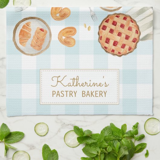 Gingham Pattern Watercolor Pastries Backbäckerei Geschirrtuch (Gefaltet)