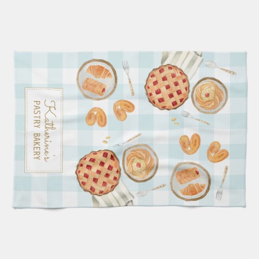 Gingham Pattern Watercolor Pastries Backbäckerei Geschirrtuch (Horizontal)