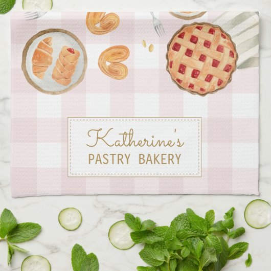Gingham Pattern Watercolor Pastries Backbäckerei Geschirrtuch (Gefaltet)