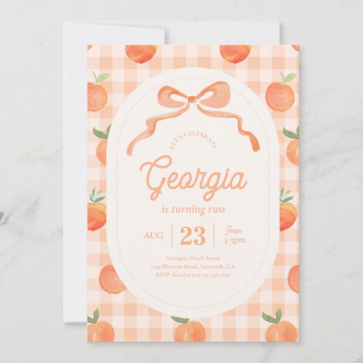 Gingham Peach Birthday Einladung (Vorderseite)
