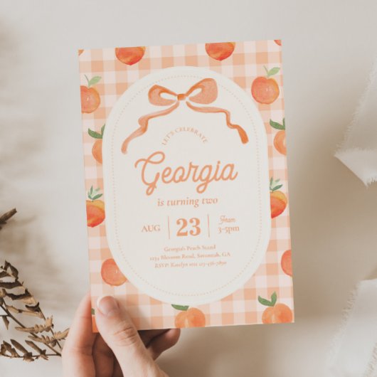 Gingham Peach Birthday Einladung