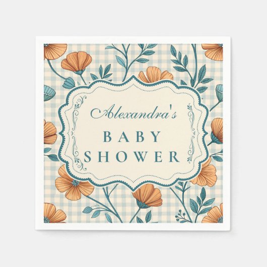 Gingham Peach Floral Baby Shower Serviette (Vorderseite)