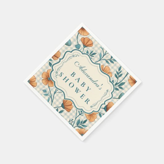 Gingham Peach Floral Baby Shower Serviette (Ecke)