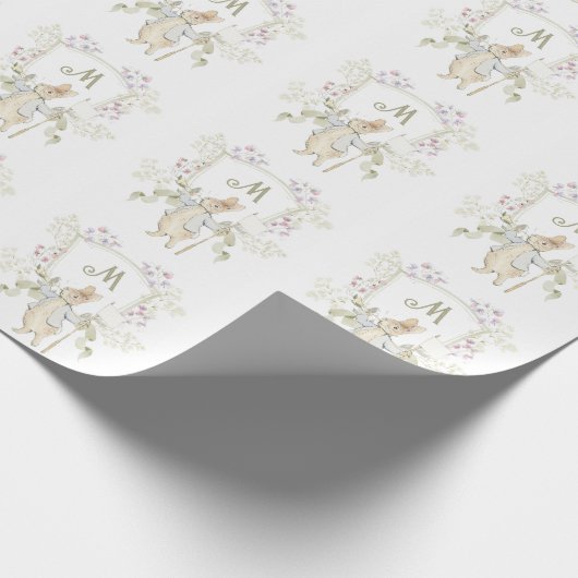 Gingham Peter die Rabbit Blue Monogram Baby Dusche Geschenkpapier (Ecke)