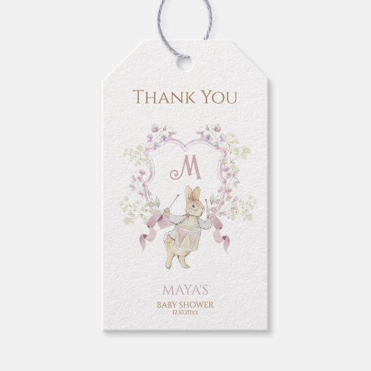 Gingham Peter die Rabbit Pink Monogram Baby Dusche Geschenkanhänger (Vorderseite)