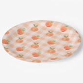 Gingham-Pfirsich-Papierplatten Pappteller (Schrägansicht)