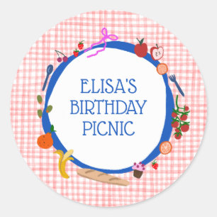 Gingham Picknick Modern Süß INDIVIDUELLE GEBURTSTA Runder Aufkleber