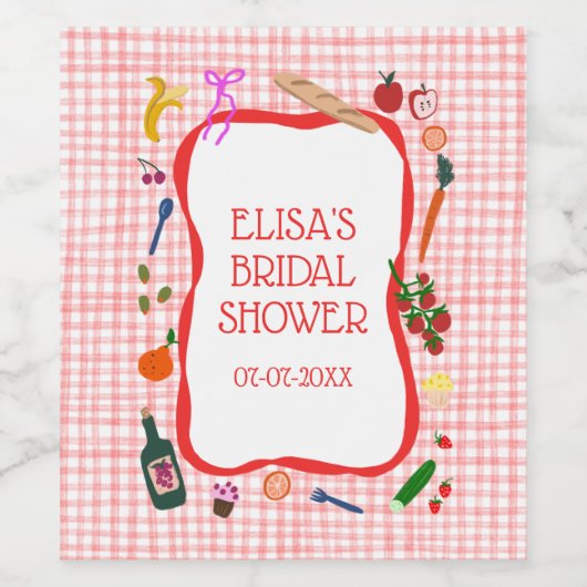 Gingham Picnic Modern Niedliches CUSTOM Brautparty Weinetikett (Einzelnes Label)
