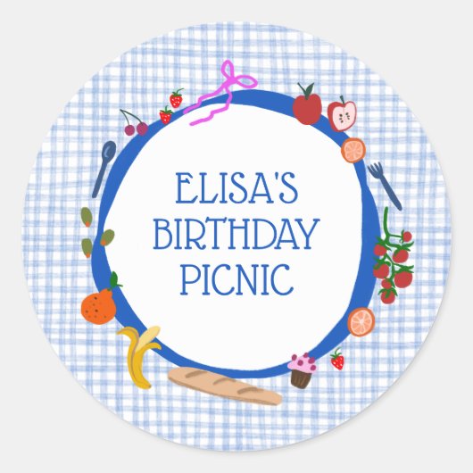 Gingham Picnic Moderne Niedliche CUSTOM BIRTHDAY P Runder Aufkleber (Vorderseite)