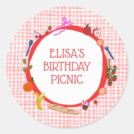 Gingham Picnic Moderne Niedliche CUSTOM BIRTHDAY P Runder Aufkleber (Vorderseite)