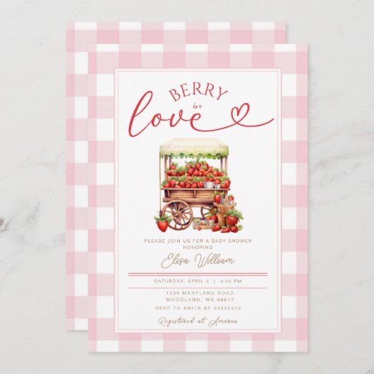 Gingham Pink Berry in Liebe Babydusche Einladung (Vorne/Hinten)