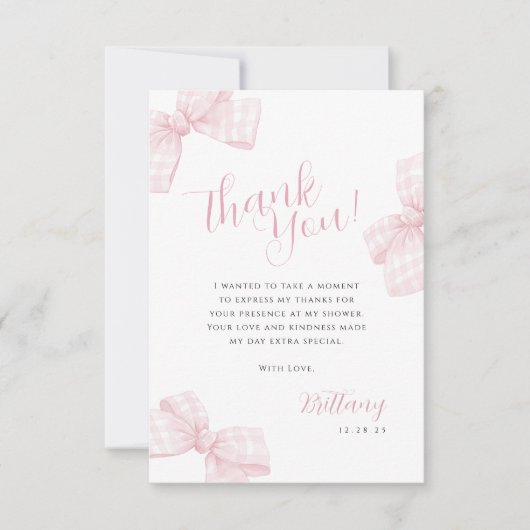 Gingham Pink Bow Baby Dusche Danke Karte (Vorderseite)